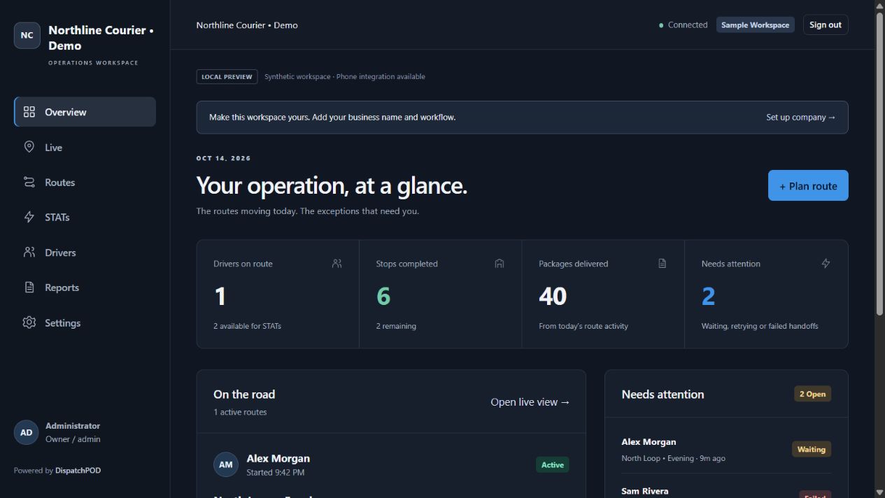 DispatchPOD owner dashboard showing sample route progress, handoff alerts and STAT dispatch